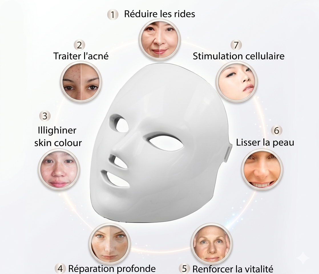 Masque LED Visage 7 Couleurs — Soin Anti-Âge & Pureté